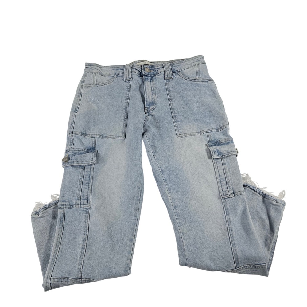 KanCan Women Light‎ Wash Cargo Straight Leg Jeans Raw Hem KC7843L Size 9 28